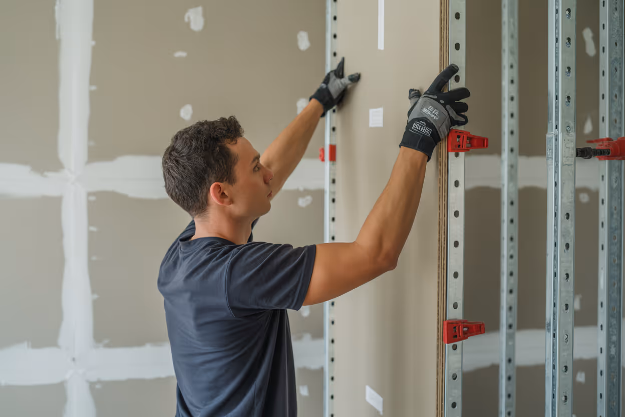 Facharbeiter beim Trockenbau in Berlin, Montage von Gipskartonplatten an Wand in einem Innenausbauprojekt