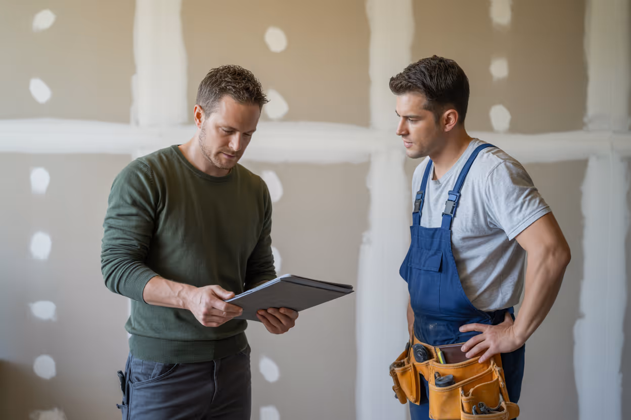 planung eines trockenbauprojekts in berlin mit bauleiter und handwerker im innen